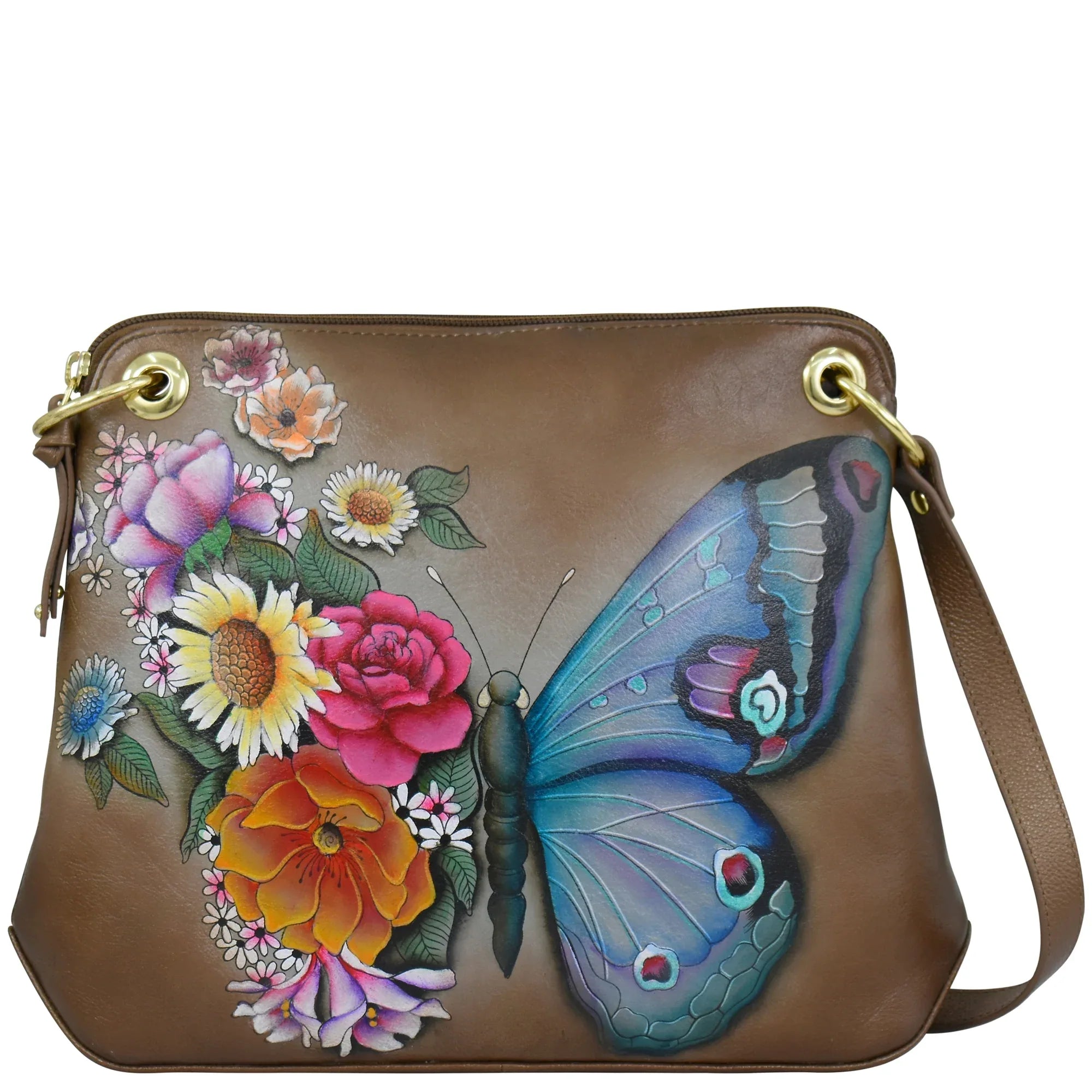 Buy Butterfly Blooms Bronze Hand Painted Leather Crossbody Sling