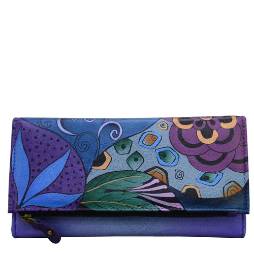 Anna by Anuschka style 1865, handpainted Three Fold Clutch. Tribal Potpourri Eggplant painting in purple color. Featuring four slip in multipurpose pockets, thirteen credit card holders.
