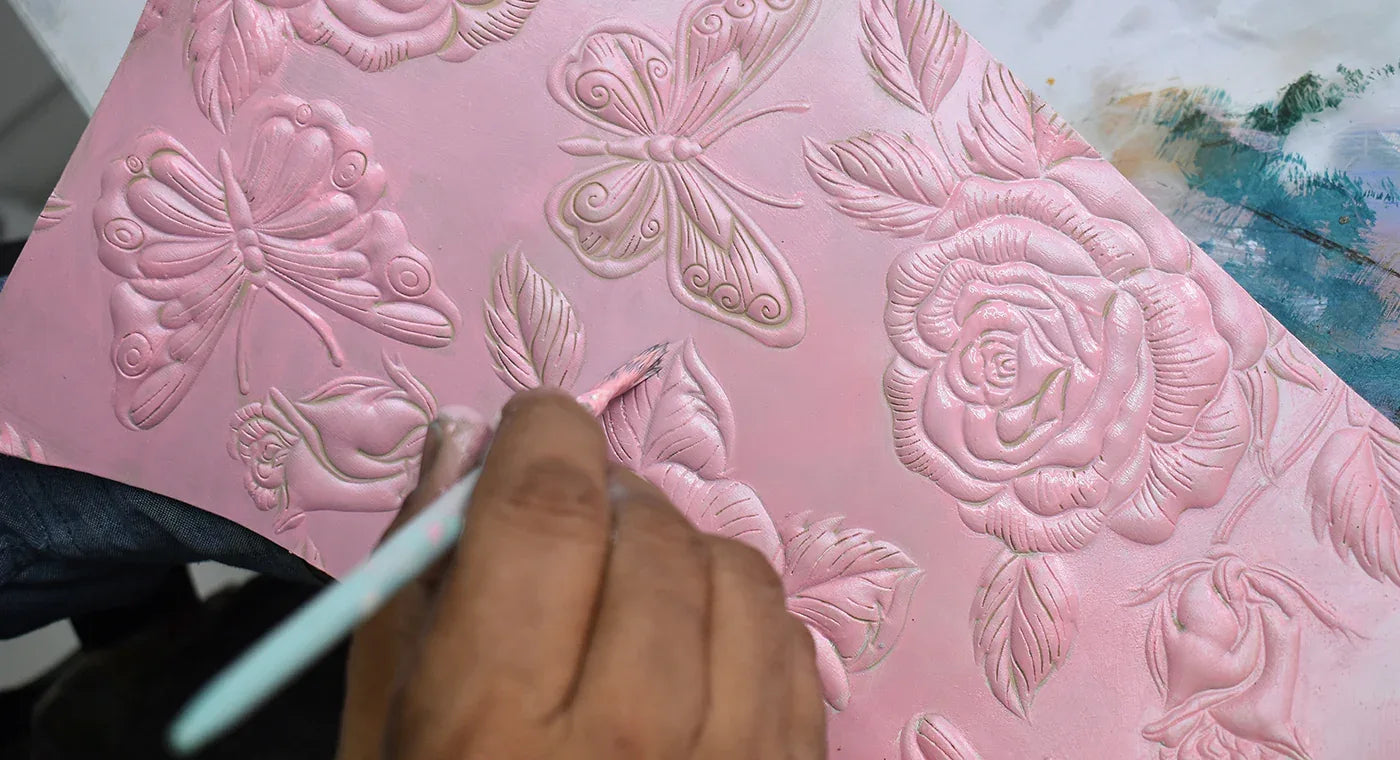 Tooled Rose Pearl Pink Leather Bags & Accessories - Anuschka