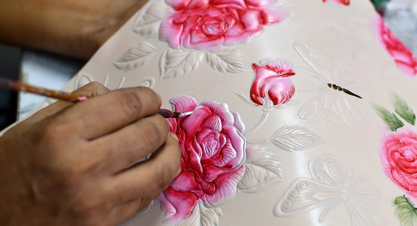 Tooled Rose Almond Leather Bags & Accessories - Anuschka