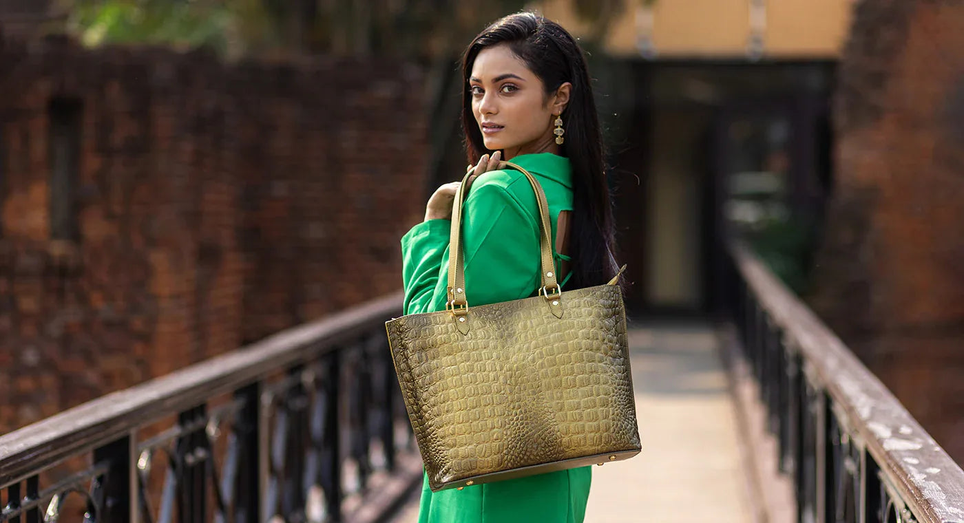 Croc Embossed Desert Gold Leather Bags & Accessories - Anuschka