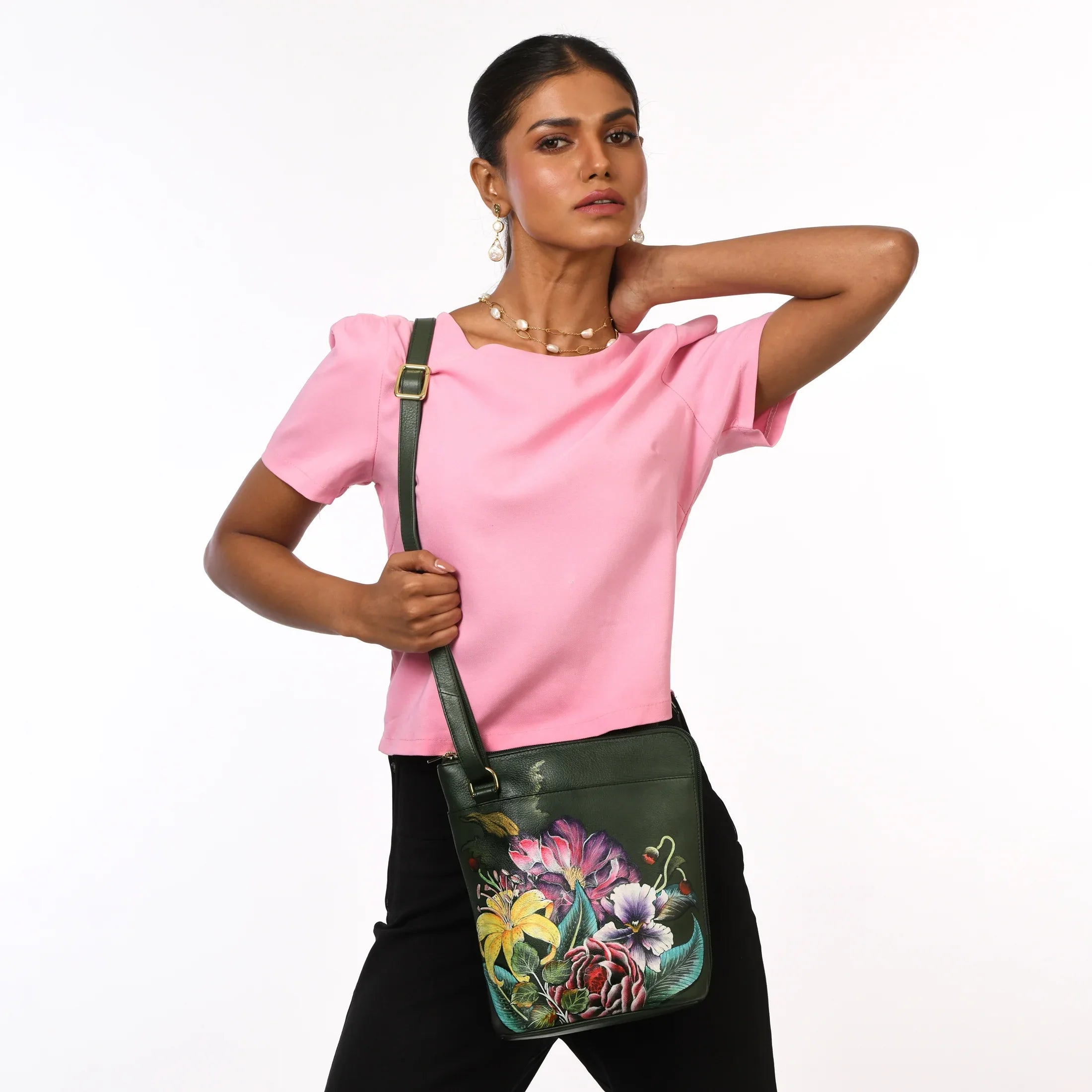 Buy Vintage Floral Hand Painted Leather Organizer Crossbody With