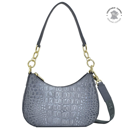 Croc Embossed Silver Grey Small Convertible Hobo - 701