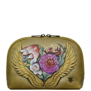 Anuschka style 1164, handpainted Large Cosmetic Pouch. Angel Wings painting in tan color. Featuring one full length zippered pocket.
