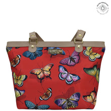 Load image into Gallery viewer, Butterfly Heaven Ruby Fabric with Leather Trim Zip Top City Tote - 12005
