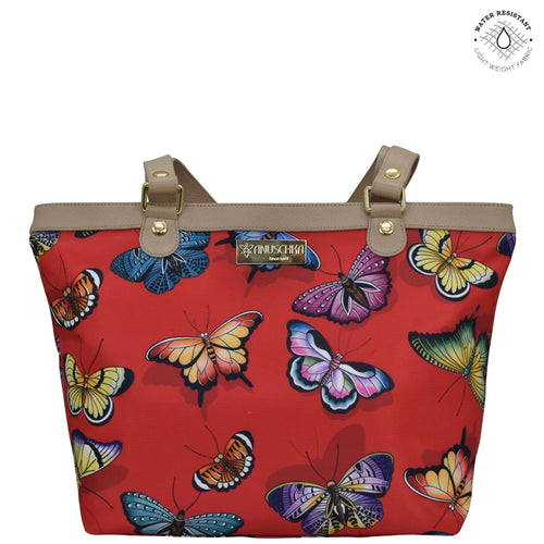 Butterfly Heaven Ruby Fabric with Leather Trim Zip Top City Tote - 12005