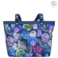 Load image into Gallery viewer, Sea Treasures Fabric with Leather Trim Zip Top City Tote - 12005

