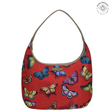 Load image into Gallery viewer, Butterfly Heaven Ruby Fabric with Leather Trim Large Sling Hobo - 12010
