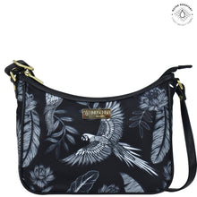 Load image into Gallery viewer, Front Jungle Macaws Fabric with Leather Trim East/West Hobo - 12013
