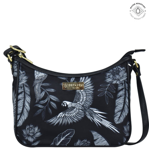 Front Jungle Macaws Fabric with Leather Trim East/West Hobo - 12013