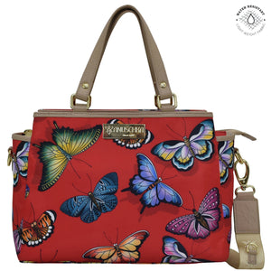 Butterfly Heaven Ruby Fabric with Leather Trim Multi Compartment Satchel - 12014