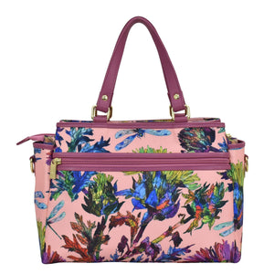 Fabric with Leather Trim Multi Compartment Satchel - 12014