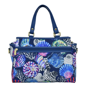 Fabric with Leather Trim Multi Compartment Satchel - 12014
