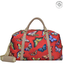 Load image into Gallery viewer, Butterfly Heaven Ruby Fabric with Leather Trim Great Escape Duffle - 12016
