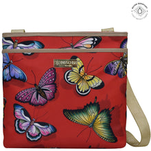 Load image into Gallery viewer, Butterfly Heaven Ruby Fabric with Leather Trim Crossbody with Slip Pocket - 12017
