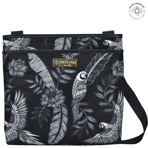 Jungle Macaws Fabric with Leather Trim Crossbody with Slip Pocket - 12017