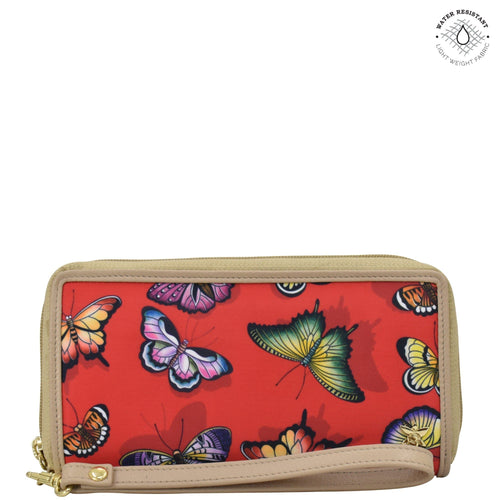 Butterfly Heaven Ruby Fabric with Leather Trim Wristlet Travel Wallet - 13000