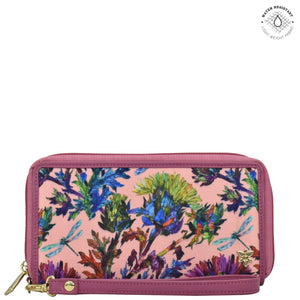 Dragonfly Garden Fabric with Leather Trim Wristlet Travel Wallet - 13000