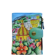 Load image into Gallery viewer, Anna by Anuschka style 1700, handpainted Ladies Wallet. Amalfi Dawn painting in Blue color. Featuring full length bill pockets, eight credit card pockets, four multi purpose pockets and zippered coin pocket.
