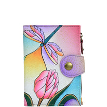 Load image into Gallery viewer, Anna by Anuschka style 1700, handpainted Ladies Wallet. Dragonfly Glass Painting painting in Multi color. Featuring full length bill pockets, eight credit card pockets, four multi purpose pockets and zippered coin pocket.
