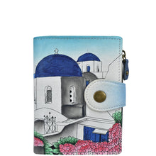 Load image into Gallery viewer, Anuschka style 1700, handpainted Ladies Wallet. Magical Greece painting in Blue color. Featuring full length bill pockets, eight credit card pockets, four multi purpose pockets and zippered coin pocket.
