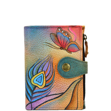 Load image into Gallery viewer, Anna by Anuschka style 1700, handpainted Ladies Wallet. Peacock Butterfly painting in Multi color. Featuring full length bill pockets, eight credit card pockets, four multi purpose pockets and zippered coin pocket.
