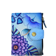 Load image into Gallery viewer, Anna by Anuschka style 1700, handpainted Ladies Wallet. Summer Bloom Blue painting in Blue color. Featuring full length bill pockets, eight credit card pockets, four multi purpose pockets and zippered coin pocket.
