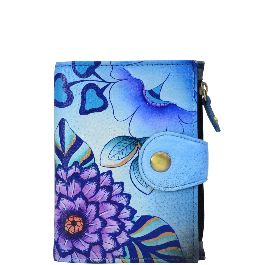 Anna by Anuschka style 1700, handpainted Ladies Wallet. Summer Bloom Blue painting in Blue color. Featuring full length bill pockets, eight credit card pockets, four multi purpose pockets and zippered coin pocket.