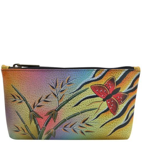 Anna by Anuschka style 1702, handpainted Cosmetic Case. Jungle Butterfly painting in tan color. Featuring top zip entry cosmetic case.