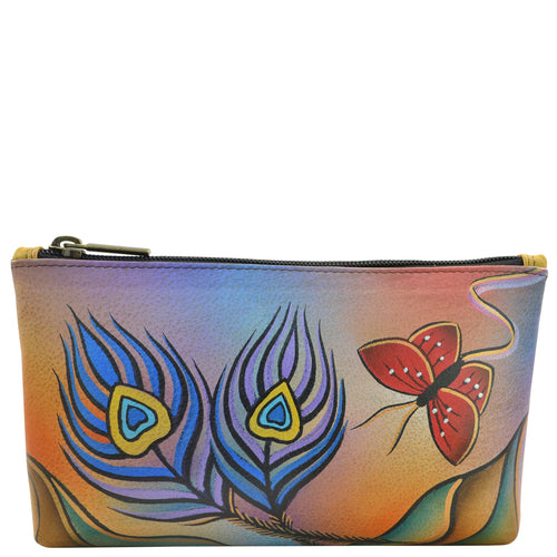 Anna by Anuschka style 1702, handpainted Cosmetic Case. Peacock Butterfly painting in multi color. Featuring top zip entry cosmetic case.