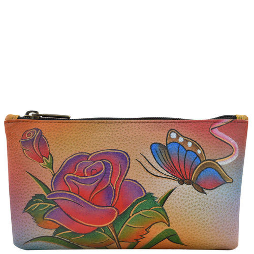 Anna by Anuschka style 1702, handpainted Cosmetic Case. Rose Butterfly painting in brown color. Featuring top zip entry cosmetic case.