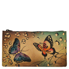 Load image into Gallery viewer, Anna by Anuschka style 1707, handpainted Organizer Wallet. Animal Butterfly painting in Tan color. Featuring full length bill pockets, eight credit card pockets, four multi purpose pockets and zippered coin pocket.

