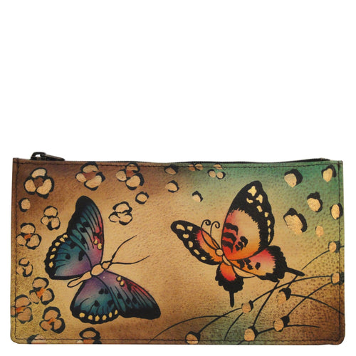 Anna by Anuschka style 1707, handpainted Organizer Wallet. Animal Butterfly painting in Tan color. Featuring full length bill pockets, eight credit card pockets, four multi purpose pockets and zippered coin pocket.