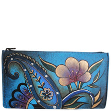 Load image into Gallery viewer, Anna by Anuschka style 1707, handpainted Organizer Wallet. Denim Paisley Floral painting in Blue color. Featuring full length bill pockets, eight credit card pockets, four multi purpose pockets and zippered coin pocket.
