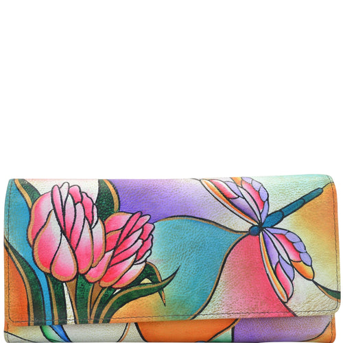 Anna by Anuschka style 1710, handpainted Multi Pocket Wallet. Dragonfly Glass Painting painting in Multi color. Featuring full length bill pockets, eight credit card pockets, four multi purpose pockets and zippered coin pocket.
