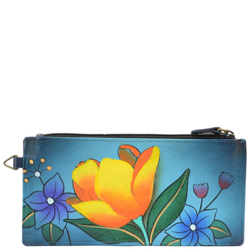 Anna by Anuschka style 1713, handpainted Organizer Wallet. Floral Garden Denim painting in blue color. Featuring five credit cards holders and one ID window.