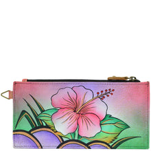 Load image into Gallery viewer, Anna by Anuschka style 1713, handpainted Organizer Wallet. Hawaiian Hibiscus painting in multi color. Featuring five credit cards holders and one ID window.
