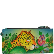 Load image into Gallery viewer, Anna by Anuschka style 1713, handpainted Organizer Wallet. Jungle Leopard painting in multi color. Featuring five credit cards holders and one ID window.
