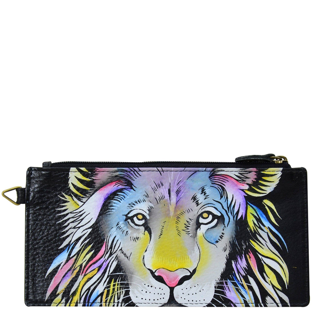 Anna by Anuschka style 1713, handpainted Organizer Wallet. Lion Pride painting in black color. Featuring five credit cards holders and one ID window.