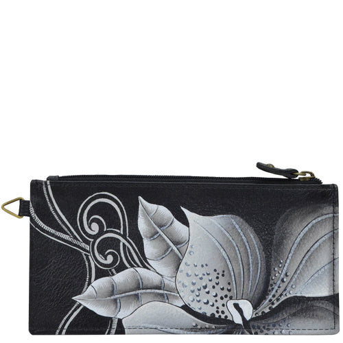 Anna by Anuschka style 1713, handpainted Organizer Wallet. Midnight Floral Black painting in Black color. Featuring five credit cards holders and one ID window.