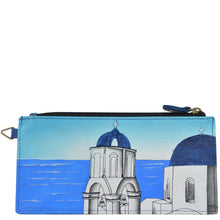 Load image into Gallery viewer, Anna by Anuschka style 1713, handpainted Organizer Wallet. Magical Greece painting in Blue color. Featuring five credit cards holders and one ID window.
