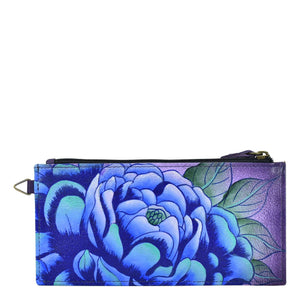 Anna by Anuschka style 1713, handpainted Organizer Wallet. Precious Peony Eggplant painting in Blue color. Featuring five credit cards holders and one ID window.