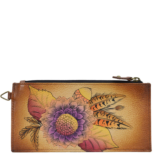 Anna by Anuschka style 1713, handpainted Organizer Wallet. Rustic Bouquet painting in Tan color. Featuring five credit cards holders and one ID window.