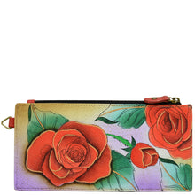 Load image into Gallery viewer, Anna by Anuschka style 1713, handpainted Organizer Wallet. Romantic Rose painting in Multi color. Featuring five credit cards holders and one ID window.
