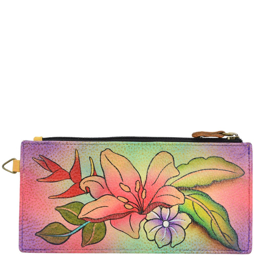 Anna by Anuschka style 1713, handpainted Organizer Wallet. Tropical Bouquet painting in Multi color. Featuring five credit cards holders and one ID window.