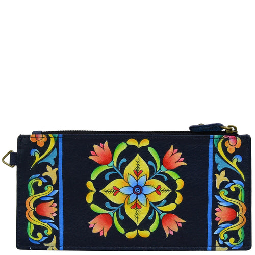 Anna by Anuschka style 1713, handpainted Organizer Wallet. Tuscan Tiles painting in Blue color. Featuring five credit cards holders and one ID window.