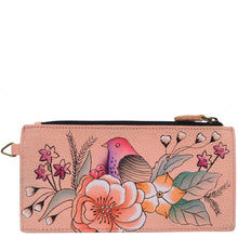 Load image into Gallery viewer, Anna by Anuschka style 1713, handpainted Organizer Wallet. Vintage Garden painting in Pink/Peach color. Featuring five credit cards holders and one ID window.
