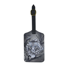 Load image into Gallery viewer, Anna by Anuschka style 1805, handpainted Luggage Tag. African Leopard painting in Black color. Featuring adjustable strap with buckle and one ID pocket.
