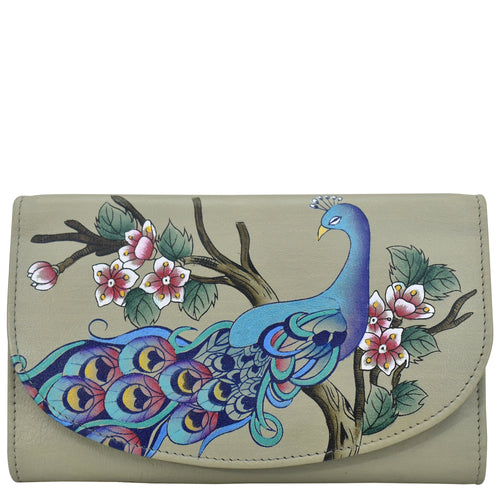 Anna by Anuschka style 1816, handpainted Ladies Tri Fold Wallet.Peacock Bliss Taupe painting in Grey color. Featuring one zippered compartment, two open bill compartment and thirteen card slots with one ID window.
