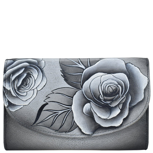 Anna by Anuschka style 1816, handpainted Ladies Tri Fold Wallet.Romantic Rose Black painting in Black color. Featuring one zippered compartment, two open bill compartment and thirteen card slots with one ID window.
